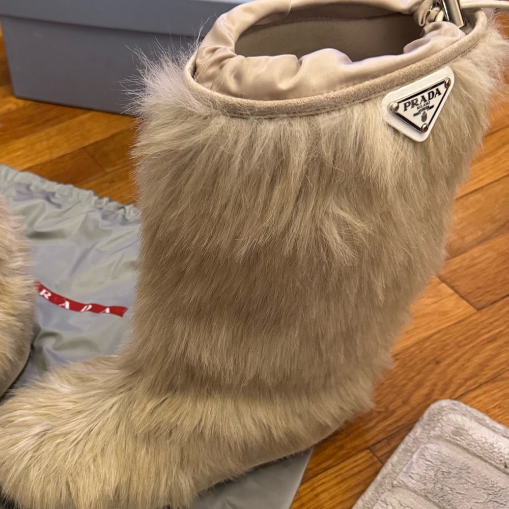 Prada Cream Faux Fur Knee Boot with Logo Plaque